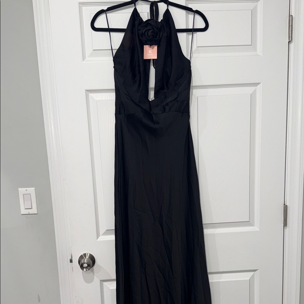 Miss Lola Black Halter Maxi Dress with Floral Accent
